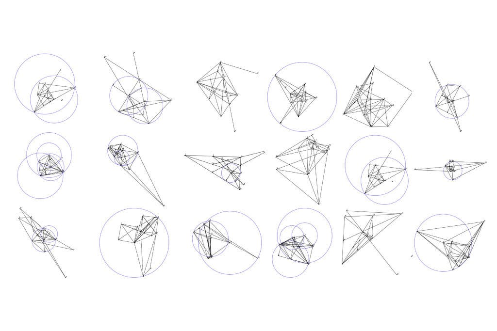 展示了由 AlphaGeometry 生成的 15 个不同几何图形的电脑图像，简单线条构成的图形被排列在纯白背景的三行五列中。