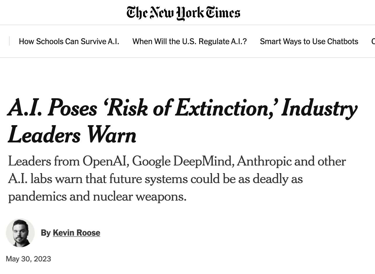 《纽约时报》2023 年 5 月 30 日刊登的 Kevin Roose 文章截图，标题为：“AI 表示‘灭绝风险’，业界领袖发出警告”
