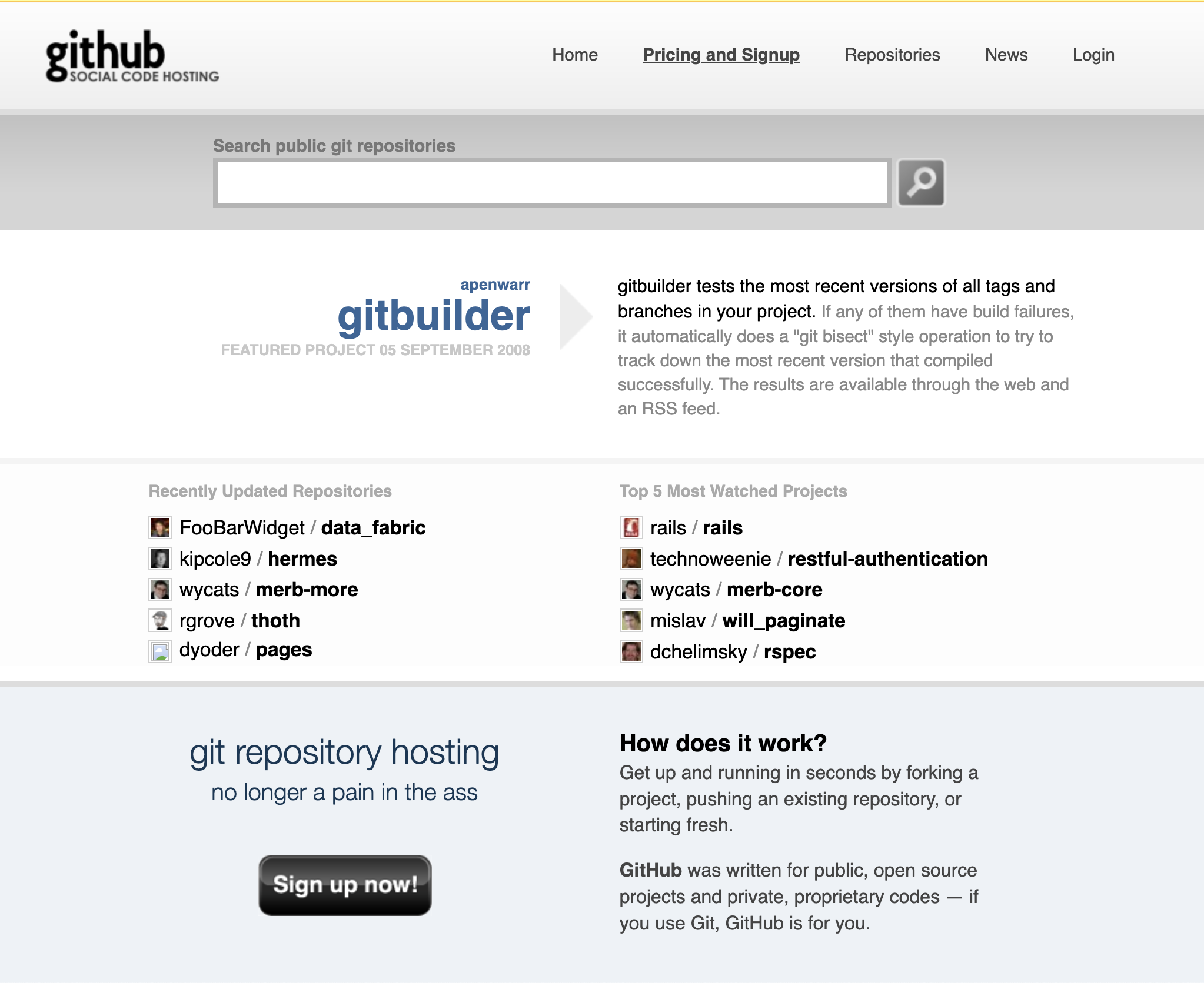 2008 年初的 GitHub 界面截图