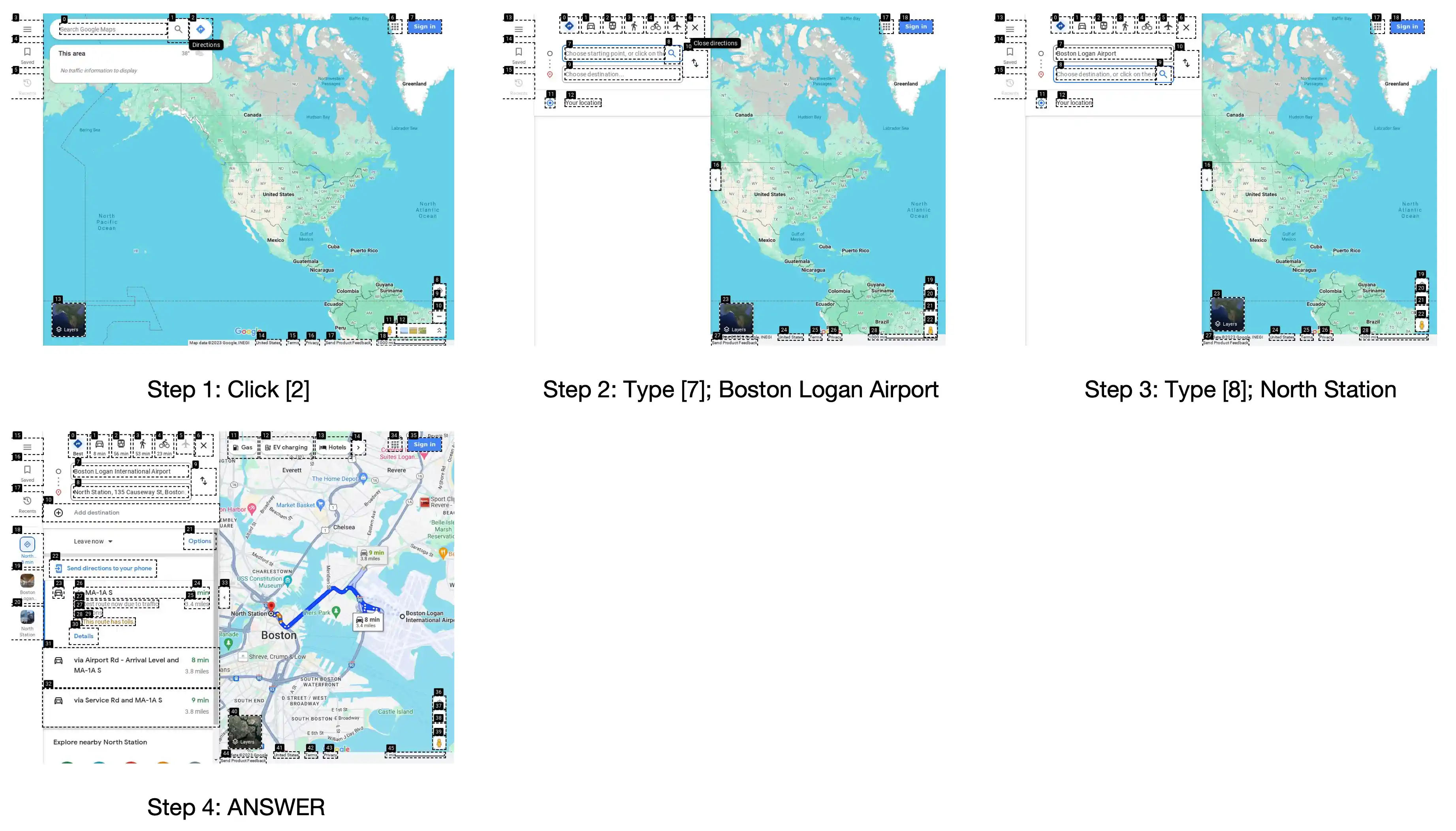 图 18: 展示了在 Google 地图上规划从波士顿洛根机场到北站旅程的完整过程截图。任务是规划这段旅程的最快路线。结果表明，从波士顿洛根国际机场到北站最快的路线是通过 MA-1A S，当前交通条件下预计耗时约 8 分钟。