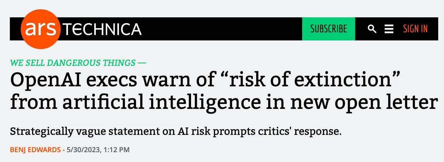 一张 Ars Technica 文章标题截图，标题为 'OpenAI 高管在新公开信中警告人工智能可能带来的“灭绝风险”'，副标题中透露出对这种说法的怀疑，提到了一种含糊其辞的声明，引起了批评者的反应。