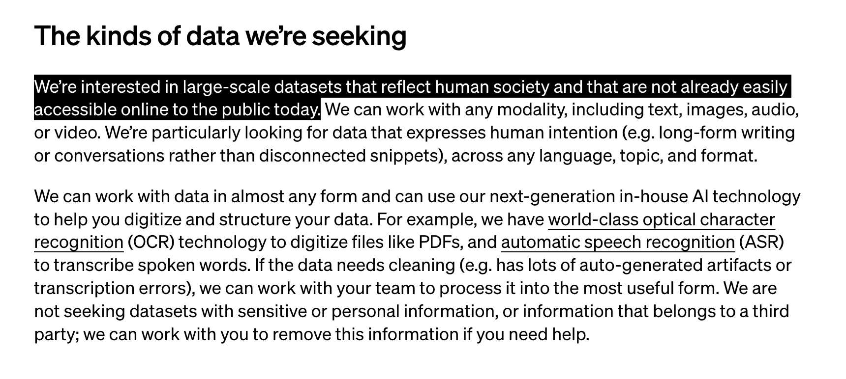 OpenAI 博客中的一张截图，日期为 2023 年 11 月 9 日，标题为“寻求数据合作伙伴”，内容说明他们对“反映人类社会且目前未能轻易在网上公开获取的大型数据集”感兴趣