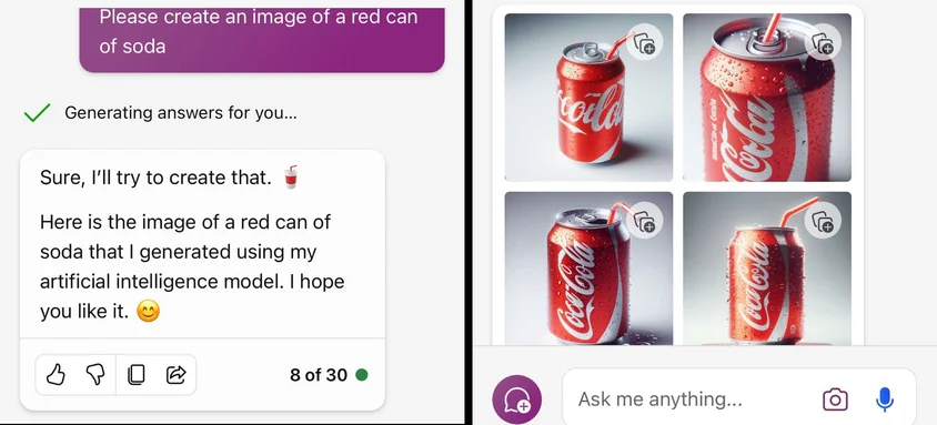 这张图片展示了创建一罐红色汽水图像的指示，结果产生了 AI 生成的可口可乐罐图片。