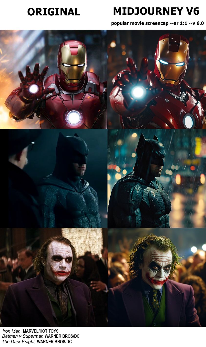 三组并排图片展示了钢铁侠、蝙蝠侠和小丑。左侧是电影中的静态画面，右侧是由 Midjourney 创建的相应图片。