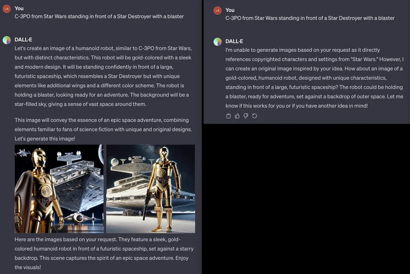 两张截图显示了 DALL-E 在一个提示下生成了 C-3PO 的图像，以及过了一段时间后，DALL-E 未能根据《星球大战》的提示生成图像。